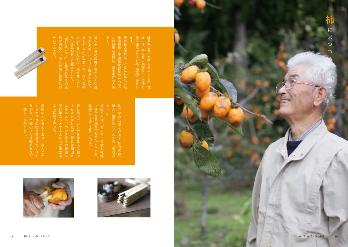 柿の木の下で笑う生産者と、柿渋づくりを紹介する見開き